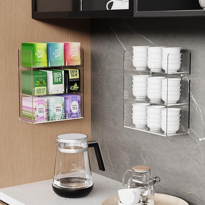 Acrylic Tea Bag Organizer, 3 Layers Tea Bag Holder for Tea Packets, No Assembly Required, Wall Mount Display Tea Caddy for Countertop or Cabinet, 9 Slots, Clear - Image 6