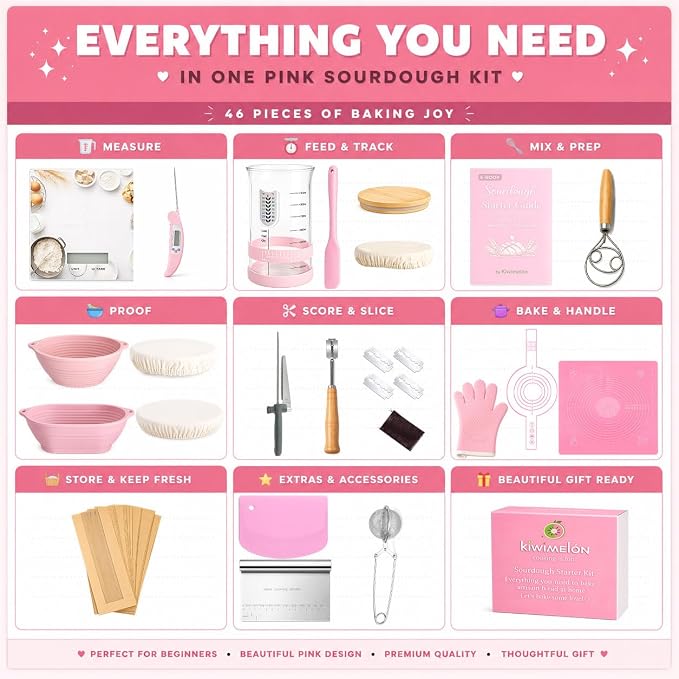 Sourdough Starter Kit for Beginners – 46-Pc Pink Sourdough Bread Making Kit with Silicone Banneton Proofing Basket, Sourdough Starter Jar, Digital Scale, Bread Lame & Sourdough Tools – Gift - Image 2