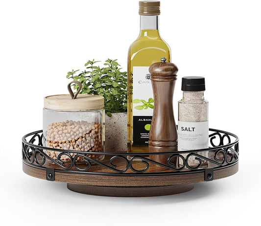 10" Lazy Susan Turntable Organizer for Table Top, Wooden Lazy Susan Cabinet | Farmhouse Rotating Decor Tray for Dining Table, Pantry, Kitchen Countertop, Spice, Bathroom Vanity, Round Patterned Rim,Brown by Yoobure