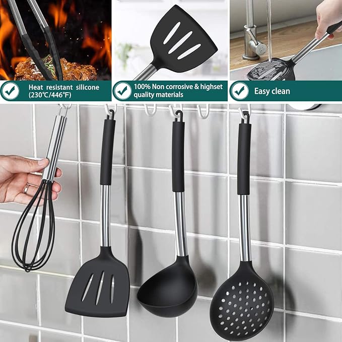 Stainless Steel Kitchen Cooking Utensil Set, Umite Chef 15 pcs Cooking Utensils - Nonstick Kitchen Utensils Cookware Set Spatula Set -Kitchen Gadgets Utensils Set, Kitchen Tools Gift (Gray) - Image 6