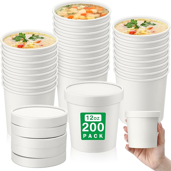 Irenare 200 Pack 12 oz Disposable Containers with Lids for Soup Ice Cream Food Fruit Bulk Paper Bowls Storage Cups with Lids, Microwavable and Freezer Safe(White) by Irenare