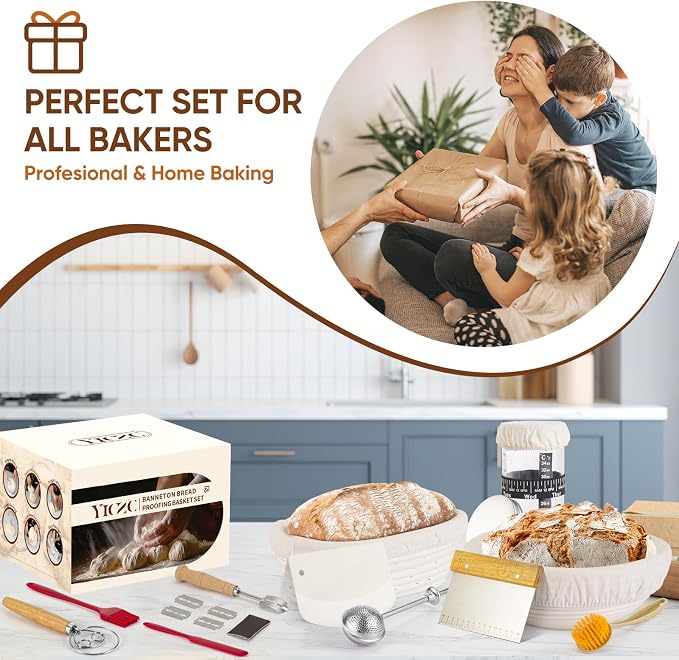Sourdough Starter Kit, Round & Oval Banneton Bread Proofing Baskets | Sourdough baking kit with starter jar, dough whisk, scraper & bread sling. Sourdough bread baking supplies for home bakers. - Image 7