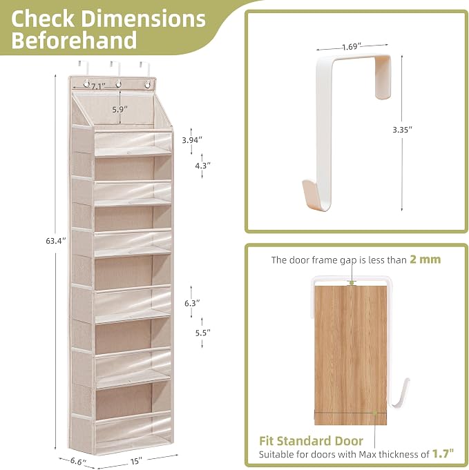 Over Door Organizer with 6 Extra Large Pockets 12 Side Pockets, Sturdy Closet Storage Rack, Hanging Storage Organizer with Clear Window for Shoes, Diaper, Bedroom, Bathroom, Beige, 6-Pack - Image 2