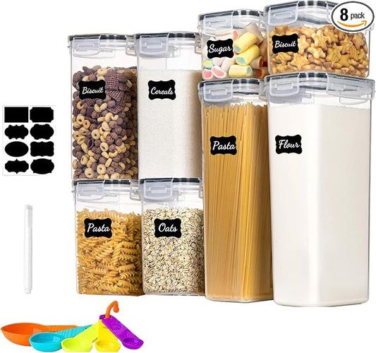 8pc Clear Airtight Canisters with Lids, Kitchen Dry Pantry Storage | 8pk clear airtight containers lock moisture out. Stackable plastic organizers for all your kitchen pantry dry foods by stusgo