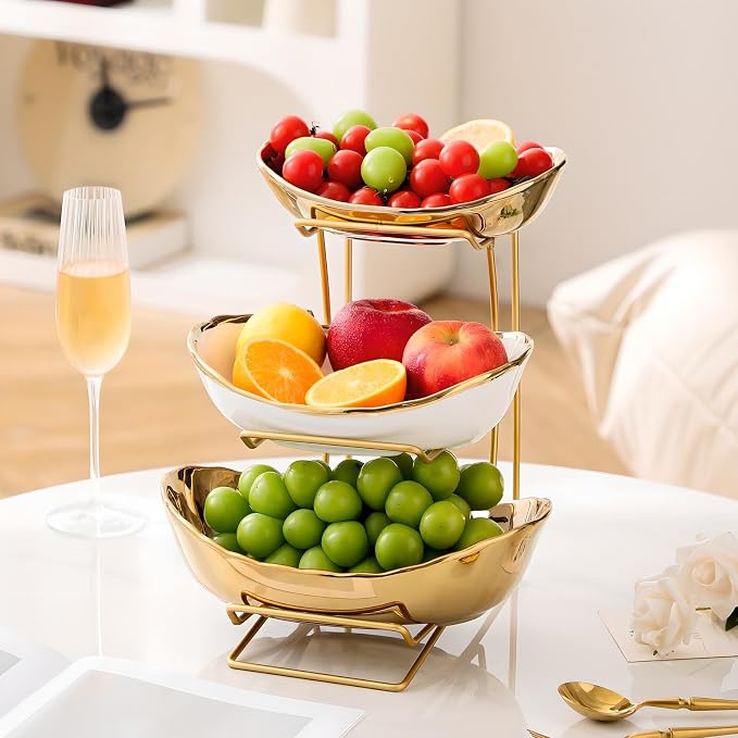 Gold Silver Fruit Bowl with Metal Stand, 3 Tier Ceramic White Fruit Bowl Fruit Rack for Kitchen Counter, Tiered Fruit Basket for Snacks Bread Candy Storage (Gold (Smooth Surface)) - Image 4