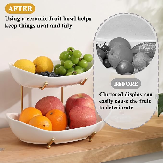 Large Size 2 Tier Ceramic Fruit Bowl,（13.4 and 11 inch Plate）More Storage Space, Golden Metal Stand for Kitchen Counter,Porcelain Fruit Basket for Countertop, Snack, Nuts, Cake, Dessert - White - Image 5