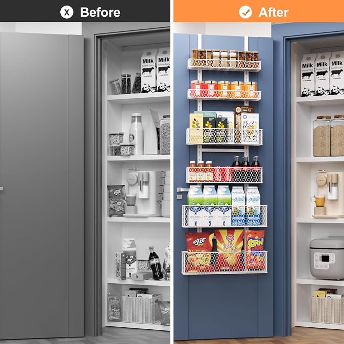 6-Tier Over The Door Pantry Organizer,Hanging Spice Rack,Grid Basket,White | Height Adjustable,Large Capacity,Grid Base for Stable Stoage,For Pantry Door,Laundry Room,Bathroom,Kitchen,D5.3xW15.7xH60.9in - Image 6