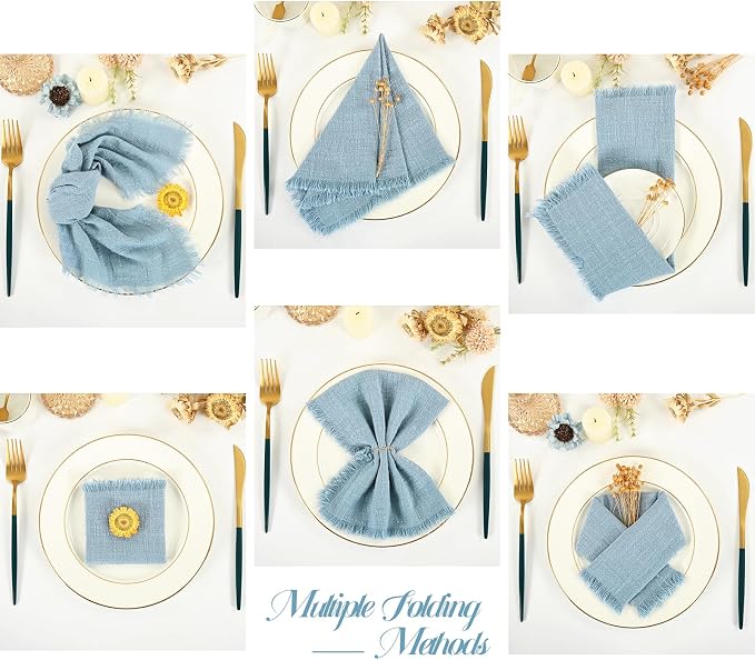 36 Pack Dusty Blue Cloth Napkins, 16 x 16 Inch Cotton with Fringe Settings | Handmade washable reusable cotton dinner napkins in bulk for weddings, parties, rustic boho table settings - Image 3