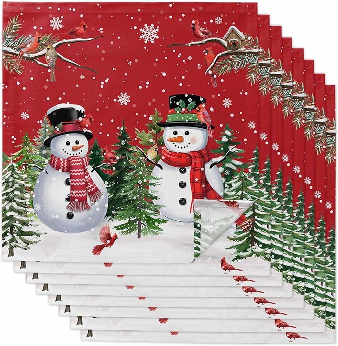 Red Snowman Christmas Cloth Napkins, Washable and Reusable Dinner Napkins Set of 8, Xmas Tree Snowflake Winter Branches Table Napkin for Kitchen Party Birthday Wedding Hotel Housewarming 20''x20'' by Unknown