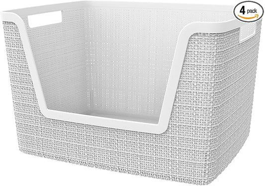 Curver Set of 4 Large 18L Easy Access Jute Decorative Plastic Organization and Storage Baskets - Perfect Bins for Home Office, Closet Shelves, Kitchen Pantry and All Bedroom Essentials, White by Unknown