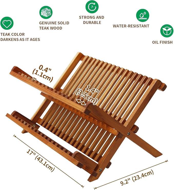 Utoplike Teak Wood Dish Drying Rack, Foldable Plate Organizer Countertop | Dishes Drainer Racks Collapsible, Small Holder for Cups, Bowls, Pans, Pots, Compact Kitchen Counter, 2 Tier, Space Saving - Image 4