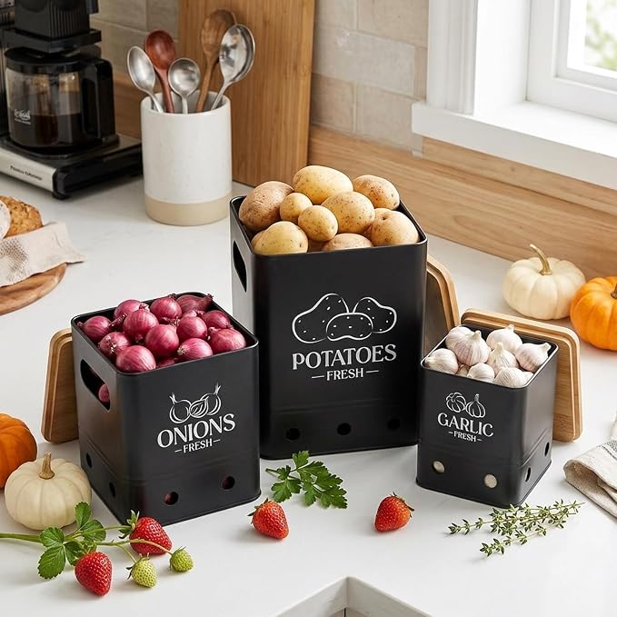 Kitchen Vegetable Storage Tins Set Of 3, Potato Onion Garlic Canisters | Storing potatoes, onions, and garlic. Features aerating holes to keep vegetables fresh and wooden lids(Black 1) - Image 7