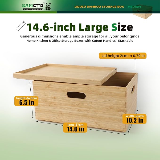 BAMOTTO CRAFTBAMBOO Stackable Bamboo Storage Bin with Lid 14.6"x10.2"x6.5" | Lower Profile | Cutout Handles | Natural Bamboo Box for Kitchen Pantry Office Closet, Organize Tableware Clothing Toys Books - Image 2