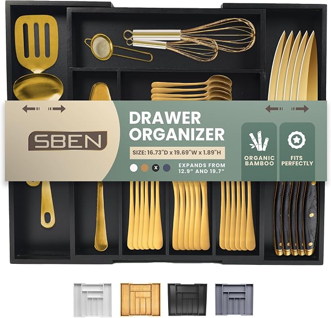 Sben Expandable Drawer Organizer for Utensils Holder, Adjustable Cutlery Tray, 6-8 Slots, Premium Wood Drawer Dividers Organizer for Silverware, Flatware, Knives for Kitchen (Black) by SBEN
