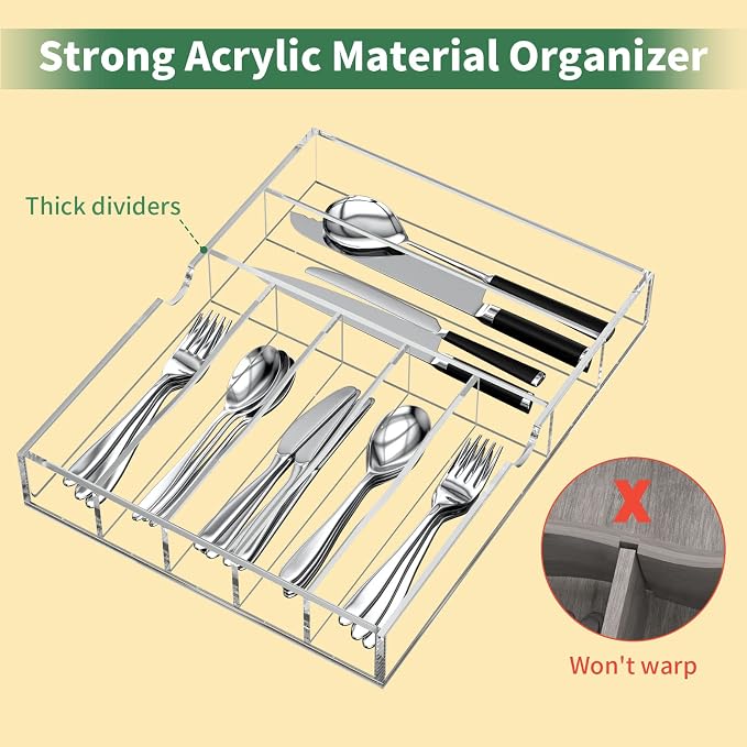 NIUBEE Acrylic Utensil Silverware Tray for Drawer, Clear Cutlery Organizer | Expandable Silverware Organizer for Flatware, 9 Compartments Adjustable Utensil Organizer,Clear Silverware Holder for Kitchen - Image 2