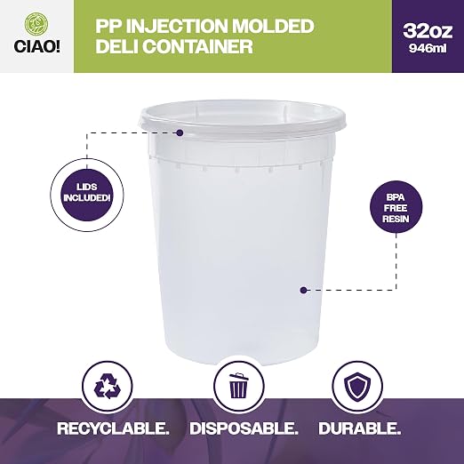 CIAO! 32OZ PP Injection Molded Soup-Deli Container with LLDPE Lid, Microwavable and BPA Free (240/240 combo pack) - Image 2