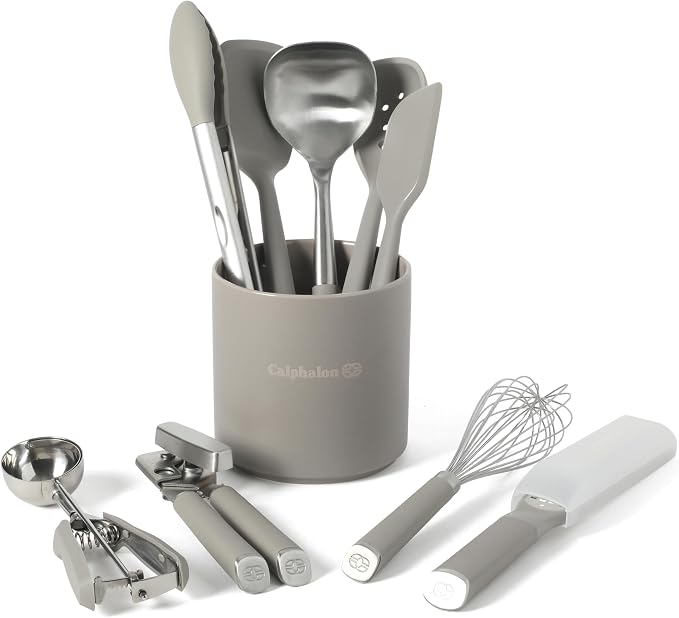 Calphalon Edge 10-Piece Kitchen Utensil Set with Crock, Stainless Steel and Silicone Cooking Tools, Nonstick-Safe Utensils with Comfortable Handles, Taupe - Image 3