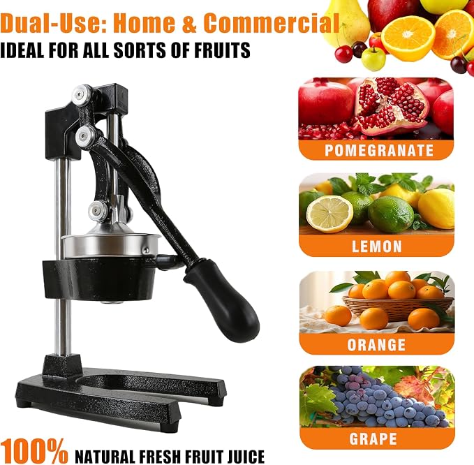 Juicer Manual Cast Iron Citrus Juicer, Heavy-Duty Orange Lemon Squeezer, Extra-Large Commercial Citrus Press, Easy to Clean with Bonus Stainless Steel Cup (Black) - Image 7