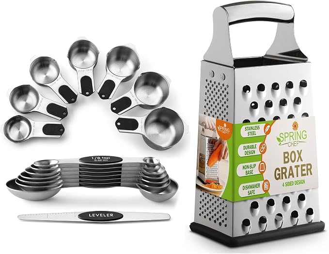 Spring Chef Magnetic Measuring Cups & Spoons Set of 15 with Leveler, Black & Stainless Steel Large Box Grater with Handle - 2 Product Bundle by SpringChef