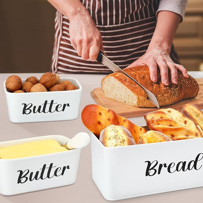 Hushee Metal Bread Box and Butter Dish with Bamboo Cutting Board Lid and Knife Bread Storage Container Breadbox for Kitchen Counter Butter Organizer for Kitchen Countertop Decoration(White) - Image 4