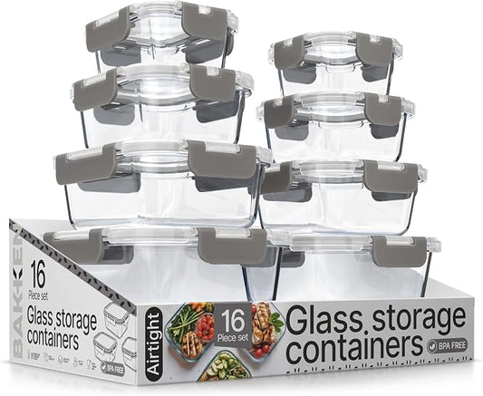 Bakken Borosilicate Glass Food Storage Containers with Lids 16 Pieces, BPA-Free Stackable Lunch & Leftover Containers, Microwave, Freezer & Dishwasher Safe, 100% Airtight Leak-Proof, Gray by BAKK%C3%8BNMASTER