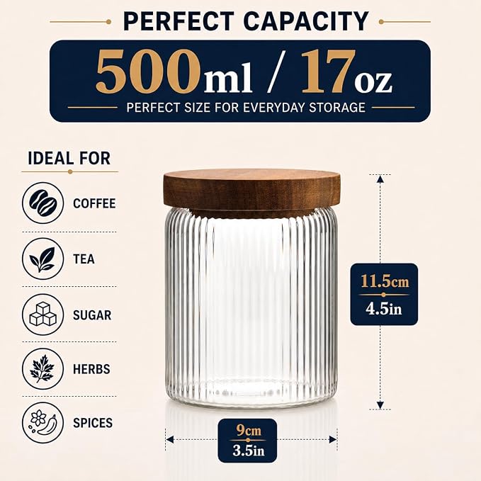 Mason & Fable Ribbed Glass Jar with Wooden Lid 17oz, Set of 3 | Airtight Fluted Storage Canisters for Food, Tea, Coffee, Candy/Spice | Organization Canisters for Home & Kitchen - Image 5