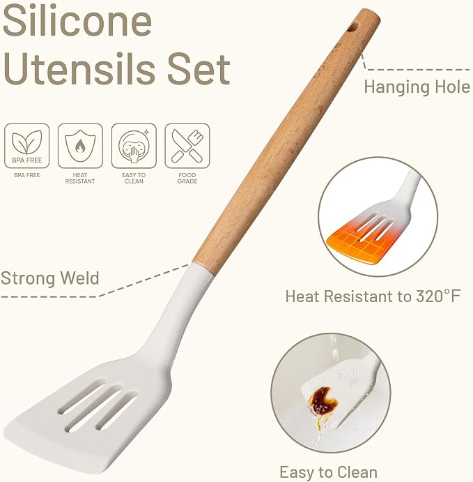 CAROTE 10-Piece Kitchen Utensils Set with Wood Cool-Touch Handles, Cream | Silicone Cooking Utensil, Food Grade, Nonstick Cookware Friendly, BPA-Free, Heat-Resistant, Everyday Home Essentials, Gifts - Image 3