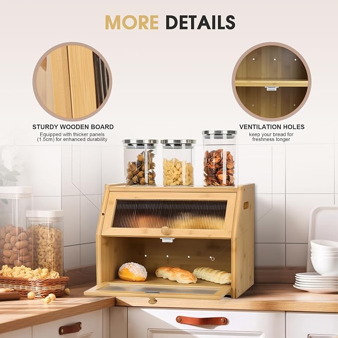 Large Bread Box for Kitchen Countertop, Wooden Bread Bin with Double Layer Storage and 0.6-inch Thick Natural Wood Panels, Rustic Bread Box Organizer for Kitchen (Natural Wood) - Image 3