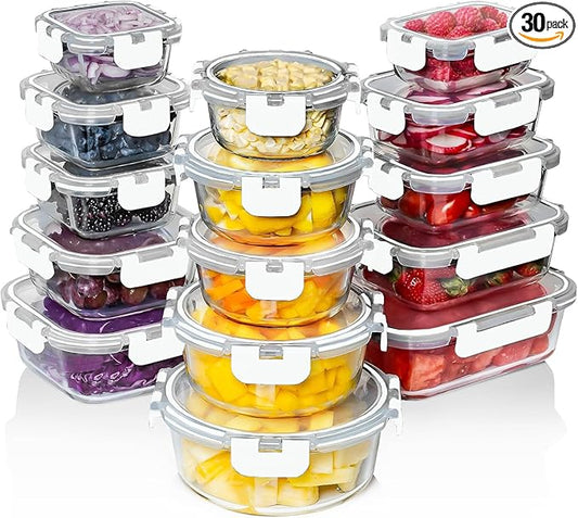 Razab 30 PC Glass Food Storage Containers with Lids - Reusable Glass Meal Prep Containers for Lunch and Leftovers - Airtight & Leakproof Snap Locking Lids - Oven, Freezer, Microwave, Dishwasher Safe by RazabHomeGoods