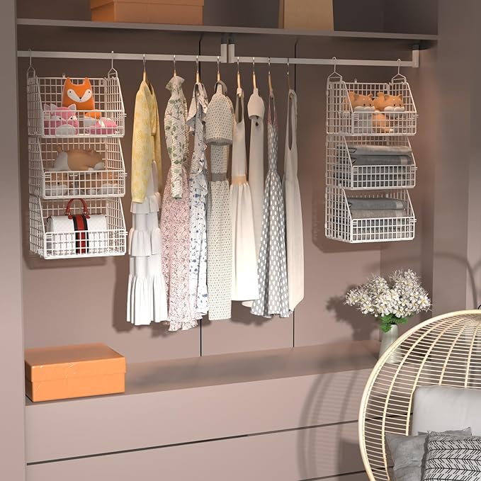 PUPPYCUTE Hanging Closet Organizer and Storage, Clothes Hanging Shelves Wire Baskets for Clothing Sweaters Purse Handbags Shoes White 5 Tier - Image 4