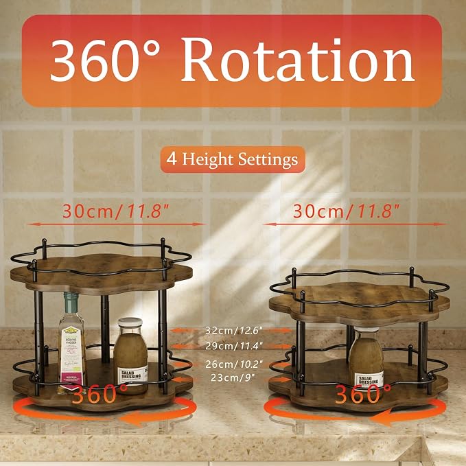2 Tier Lazy Susan Organizer,2-Tier Spinning Spice Rack with Stable Carousel Base & 4 Height Settings for Cupboard Kitchen Countertop Dining Table Cupboard (Two-Ply(Petal Shape)) - Image 2