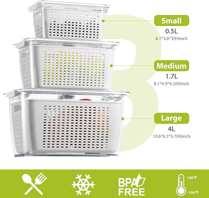 LUXEAR Fresh Container, 3PACK Produce Saver Container BPA Free Fridge Organizer for Vegetable Fruit and Salad Partitioned Food Storage Container with Vents Stay Fresh Containers Not Dishwashers Safe - Image 2