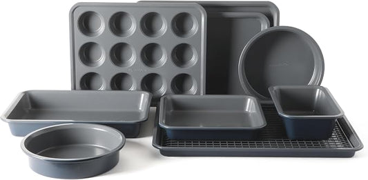 Calphalon Legacy 10-Pieces Nonstick Bakeware Set PFOA-Free, Baking Sheet Set, Carbon Steel Bakeware Pans Collection, High-Heat Oven Safe, for Cookies, Cakes, and Muffins -Blue/Grey Interior by Unknown