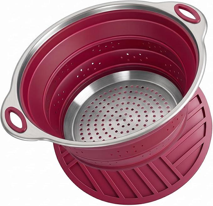 Collapsible Colander Set with Silicone Mat,2-in-1 Stainless Steel Colander for Kitchen, Foldable Metal Colander, Space-Saving for Pasta Veggies Fruit(PERSIAN RED) by Rvxesaw