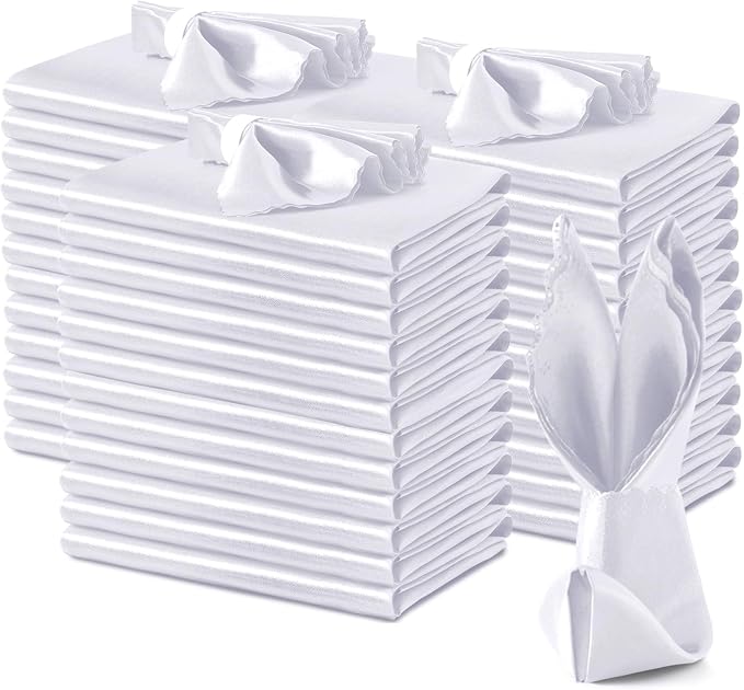 VACVELT 100 Pack White Scalloped Satin Napkins 17x17 Inch Wedding | Scalloped Floral Edges With Silky Smooth Finish, Seamless Design, Machine Washable Wrinkle And Fade Resistant by VACVELT