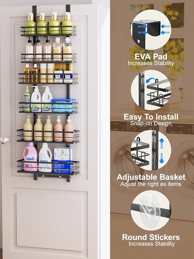 Delamu Over the Door Pantry Organizer, 6 Tier Pantry Door Organizer with Adjustable Basket, Door Spice Rack Seasoning Organizer, Metal Hanging Pantry Organizers and Storage for Kitchen,15.3" Black - Image 3