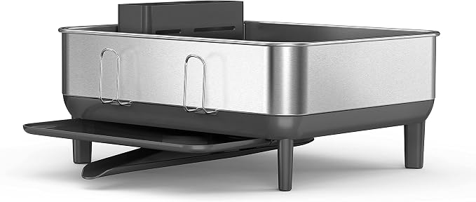 simplehuman Steel Frame Dishrack, Compact Dish Drying Rack for Small Kitchens, 360º Easy Drain Swivel Spout, Anti-Residue Coating, Moisture Control Surface, Brushed Stainless Steel - Image 4