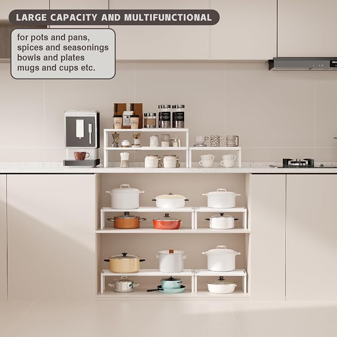 Magheo Expandable Cabinet Shelf Organizer, 2 Pack Stackable Kitchen Counter Shelf Riser, Metal Spice Rack Heavy Duty Countertop Organizer Storage for Kitchen, Pantry, Cupboard, Rv (5.9in Height,White) - Image 5