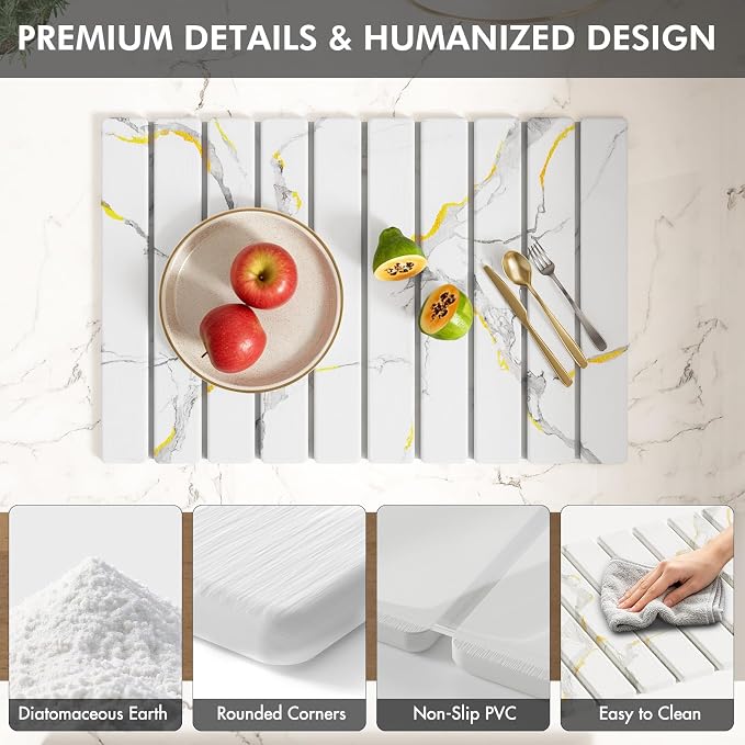 4 Pcs Stone Dish Drying Mat Set, 24''x16'' Fodable Large Diatomaceous Earth Drying Mat, Faucet Mat and 2 Coasters for Kitchen Counter, Super Absorbent Quick Dry Mats for Dishes Bottles Cups - Image 7