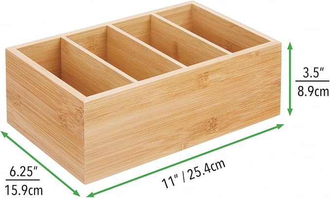 mDesign Bamboo Wood Compact Food Storage Organizer Bin Box - 4 Divided Sections - Holder for Seasoning Packets, Pouches, Soups, Spices, Snacks - Natural - Image 4
