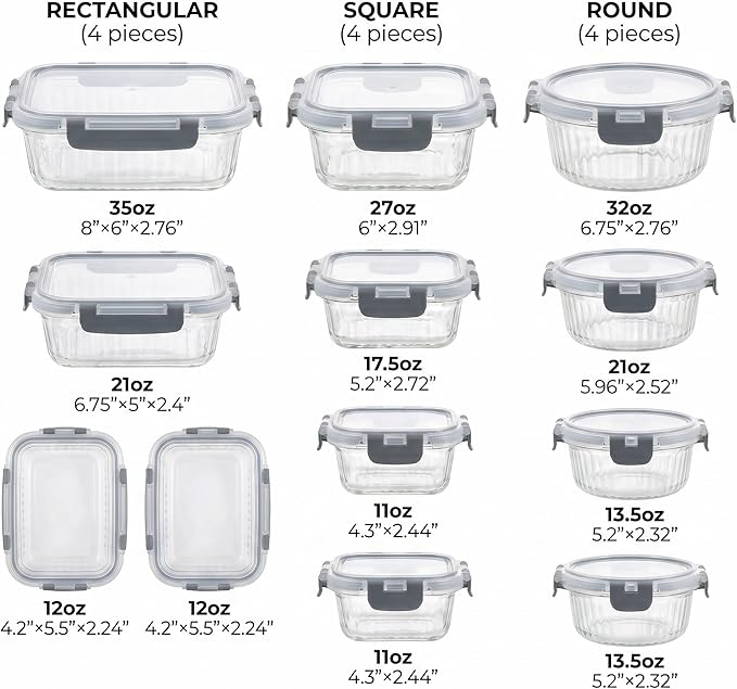 Glass Food Storage Containers with Lids, 12 Piece Glass Meal Prep Containers Set, Airtight Leakproof Snap Lock Lids, BPA-Free, Freezer Microwave Oven Dishwasher Safe, Ribbed Glass Containers - Image 3