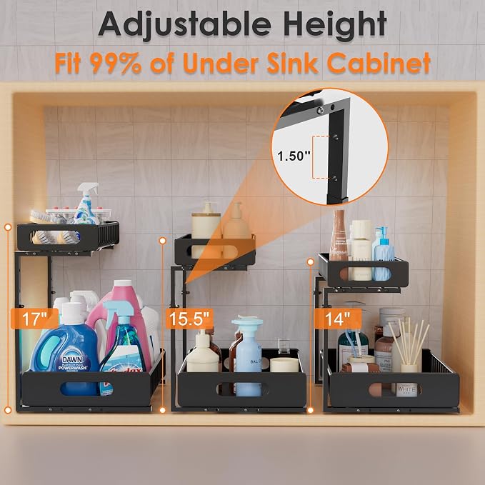 HBL' 2-Pack Large Metal Under Sink Organizer, 2-Tier Slide-Out Under the Kitchen Sink Organizer and Storage,Height Adjustable Under Sink Storage Shelves for Bathroom. - Image 3