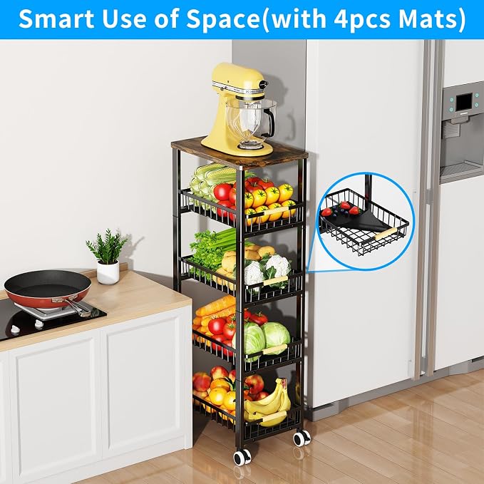 Fruit Vegetable Storage Basket for Kitchen, 5 Tier Large Pull-Out Metal Wire Baskets with 4 Pack Mats Bottom, Wood Top and Wheels, Vegetable Produce Bins Stand Cart Rack for Onions and Potatoes - Image 2