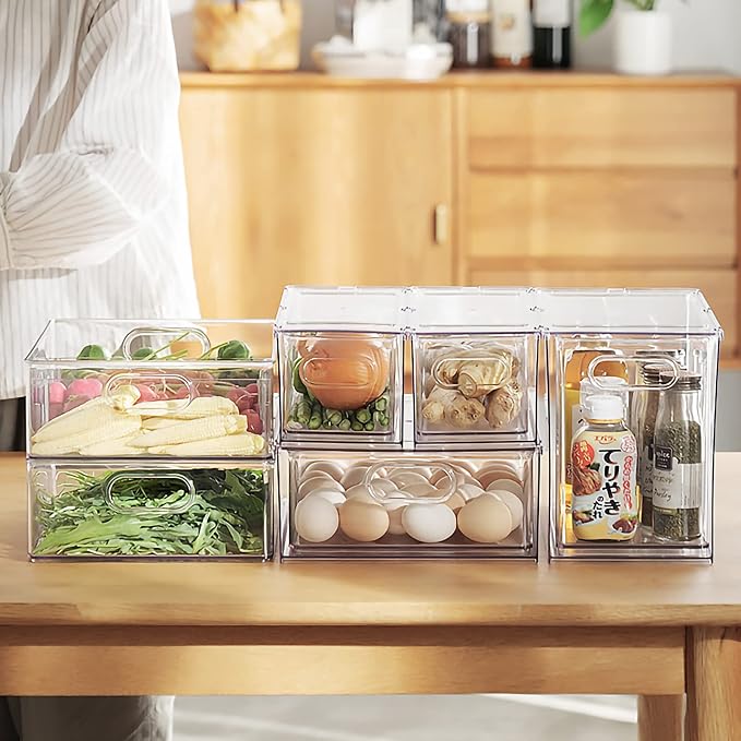 4 pack Stackable Refrigerator Organizer Bins Pull-Out Drawers for Fruit and Veggies Storage Organizer for Fridge Clear Drawer Containers with Handle Divided Organization for Produce Saver - Image 8