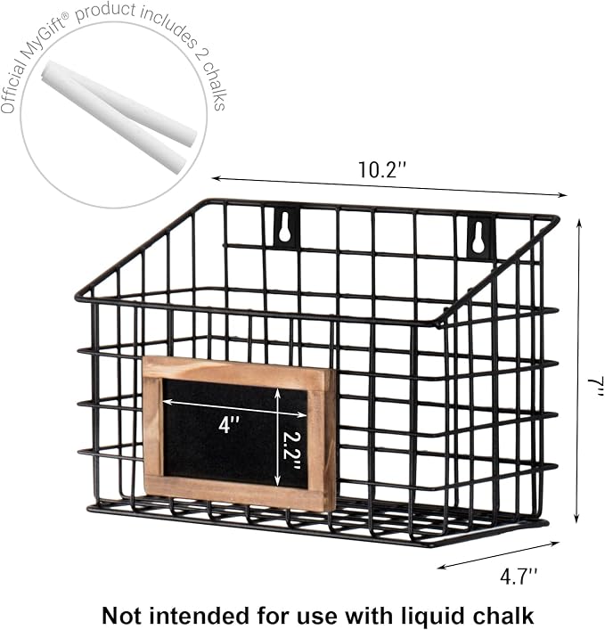 MyGift 10 Inch Wall Mounted Matte Black Metal Wire Storage Baskets with Chalkboard Labels, Small Hanging Organizer Bins for Home Entryway Kitchen Pantry Closet, Set of 3 - Image 3