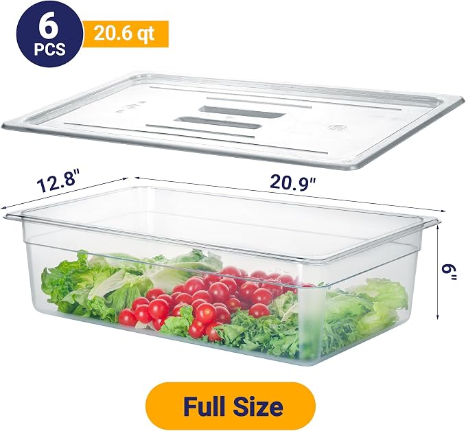 BIEAMA 6 Pack Full Size 6'' Deep NSF Polycarbonate Food Pans with Lids | Stackable clear containers for meal prep, buffet, salad bars, commercial & home kitchen; dishwasher safe and freezer safe - Image 2