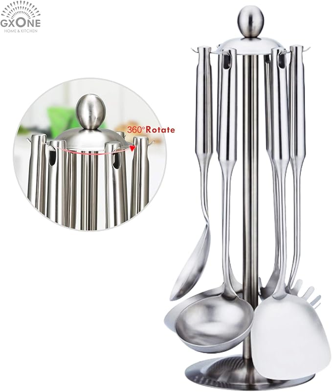 Cooking Utensils Set,6 PCS with Utensils Holder,304 Stainless Steel | Round handle,For kitchen cooking,Includes: wok spatula, soup ladle, slotted spoon, Spaghetti spoon, Utensils Holder - Image 5