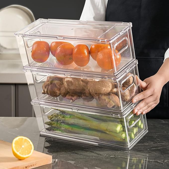 7Pack Clear Fridge Drawer Organizer Pull out Bins Stackable Refrigerator Organizer Bins with Handle for Kitchen Cabinet Organization Divided Produce Saver Container for Fruit Veggie Egg - Image 4