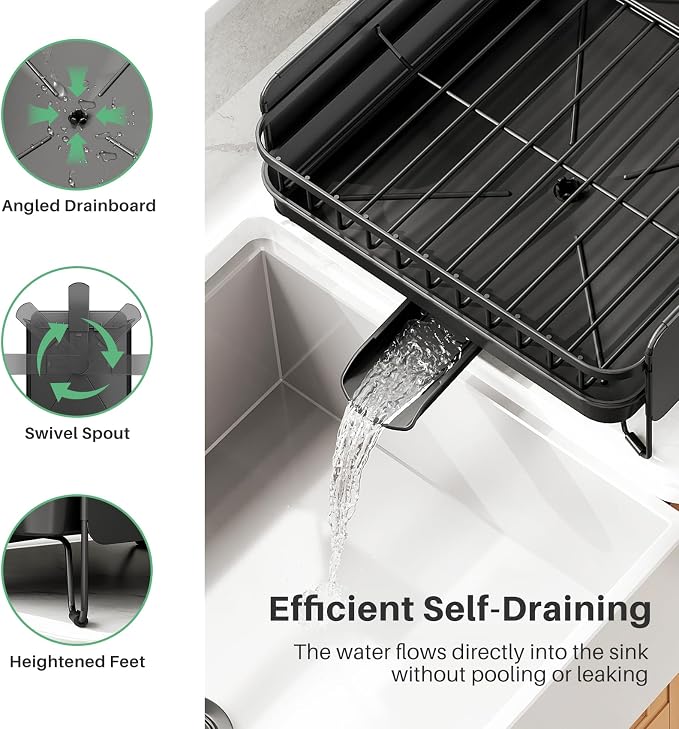 Large Expandable Dish Drying Rack for Kitchen Counter, 19.3-29.4 in, Black | Family Size Capacity, Adjustable Dividers for Pan, Lid & Cutting Board, Stainless Steel, Rotating Spout, Utensil Holder - Image 4