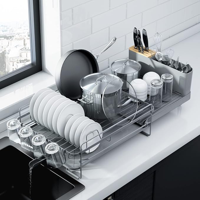Kitsure Extendable Dish Drying Rack, 19.2"-26.7" L x 12.9" W, Grey | Large Dish Rack, Multifunctional Dish Rack for Kitchen Counter, Anti-Rust Dish Drainers with Cutlery & Cup Holders by Kitsure